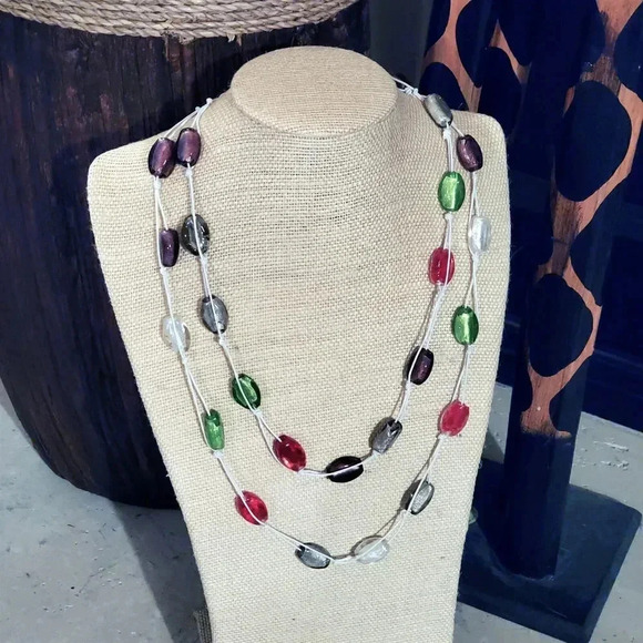 Lampwork Glass Beads Double Strand 24" Long Jewel Tone Colors Necklace - Picture 4 of 4